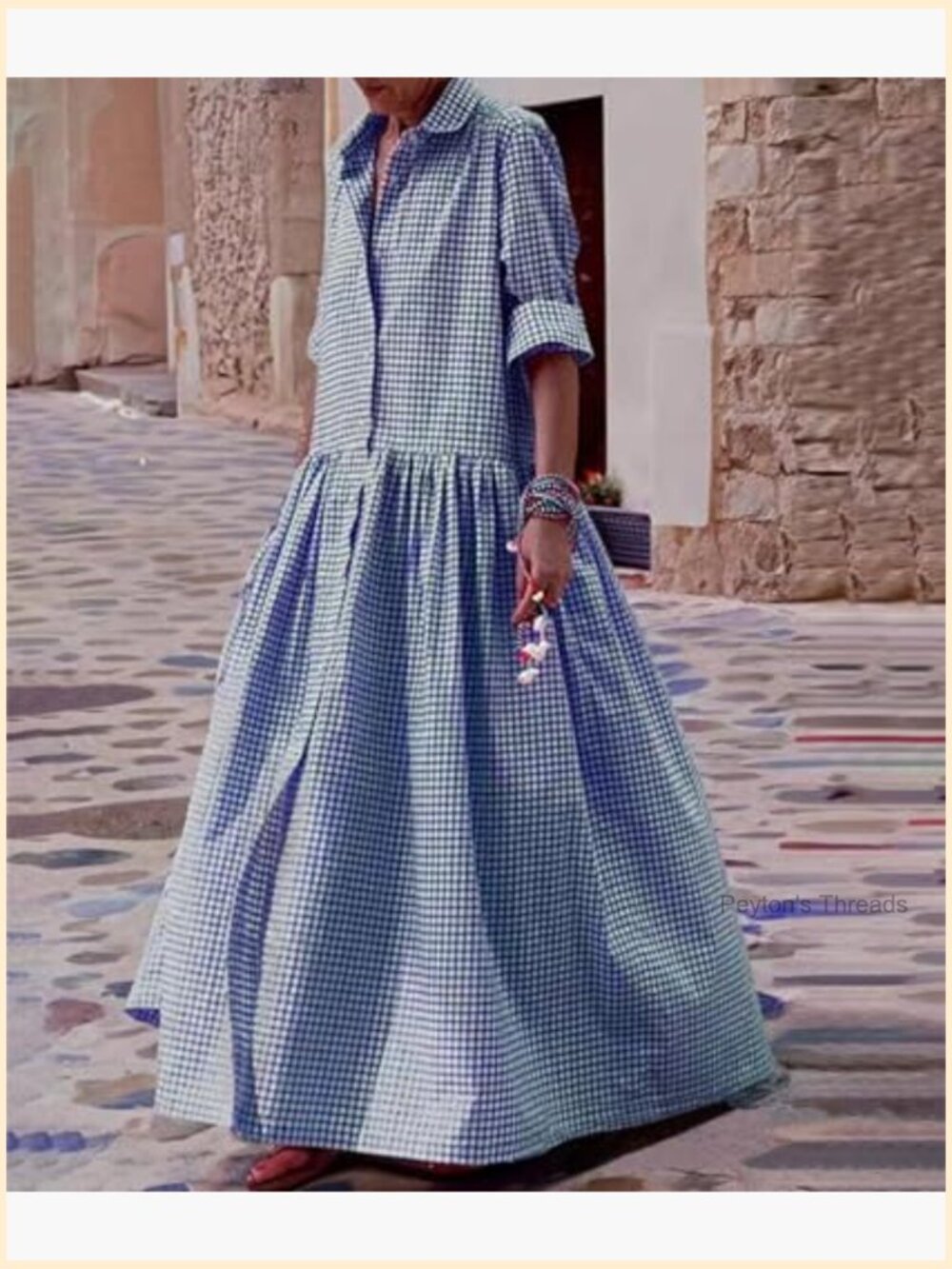 Women's Retro Plaid Button Down Maxi Shirt Dress Long Sleeve Gingham Swing Dress - Picture 4 of 5
